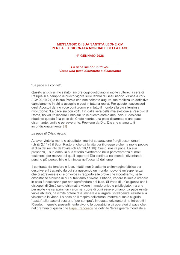 Messaggio di Papa Leone XIV per la pace